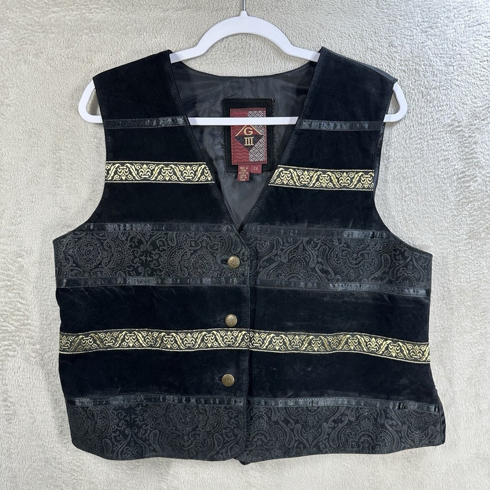G-III‎ G-3 Women's Size 2X Leather Vest Outerwear Embroidery Button Front Black
